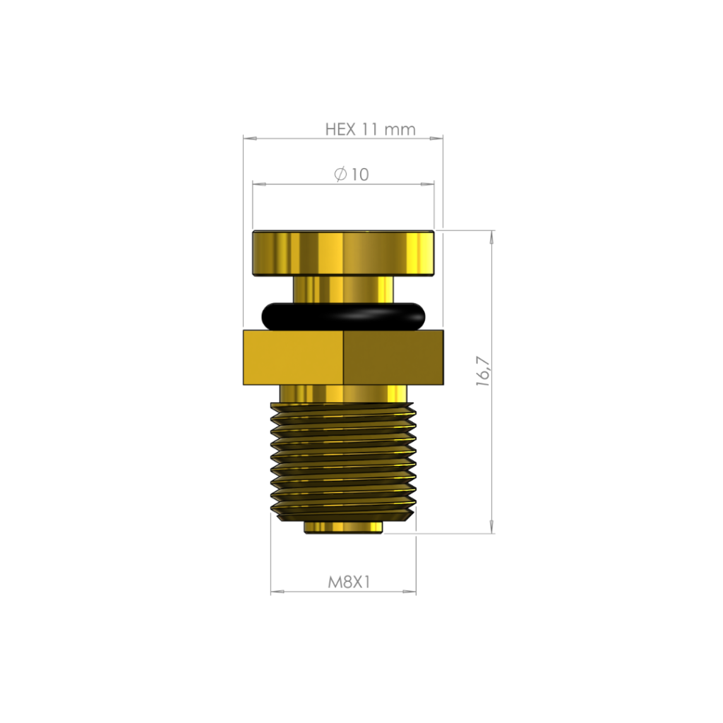 Conector roscado M8x1 de latón con anillo de sellado, con dimensiones visibles (Ø10 mm, HEX 11 mm, altura 16.7 mm).