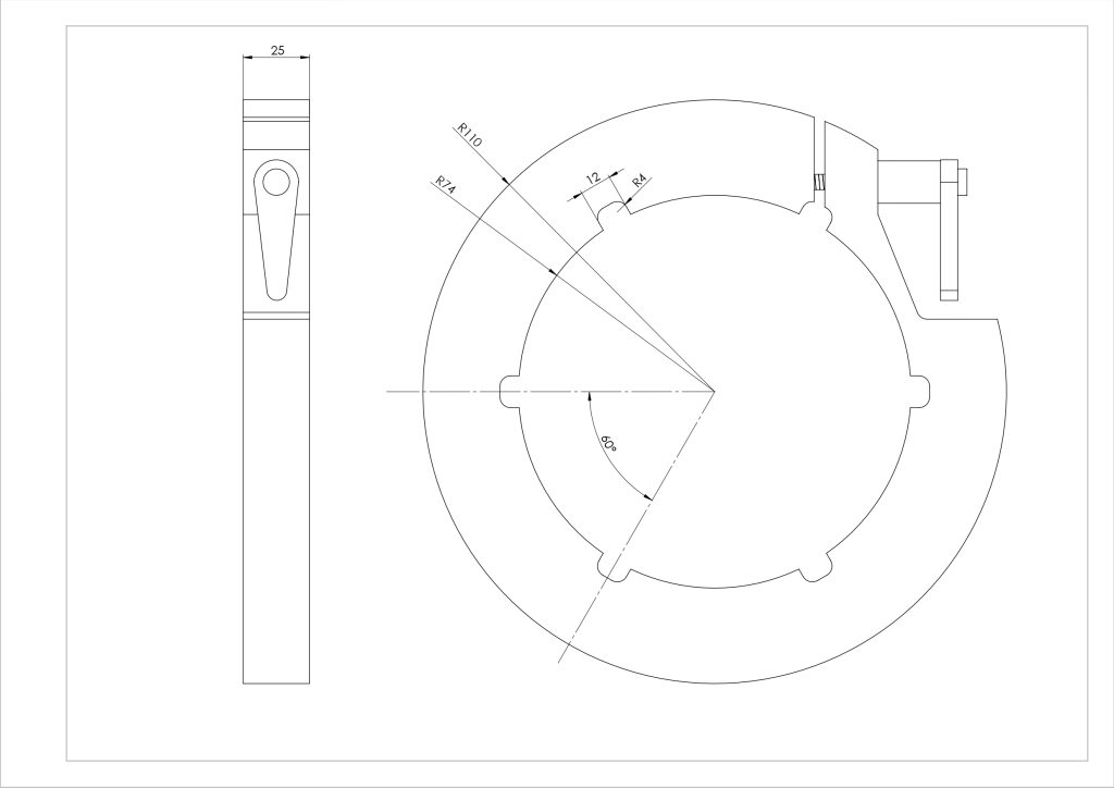 Plano técnico de tope circular mecanizado con tornillo, fabricado por EJEMATIC SL.