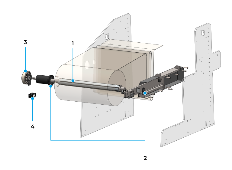 Vista explotada del kit de desbobinado industrial con brazo batiente, eje expansible y freno eléctrico con sistema electrónico de control automático de tensión.